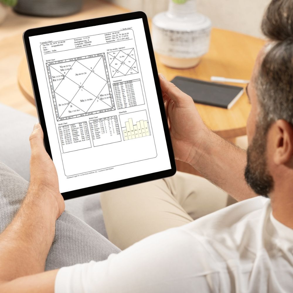 Automated Vedic astrology report viewable on a phone or tablet