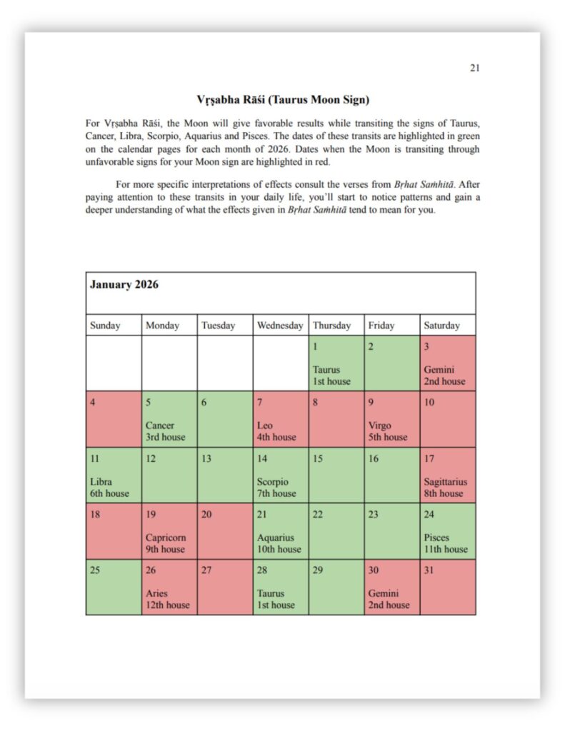 Vedic Moon Transit calendar preview page from our 2026 Candra Gocara Dipika